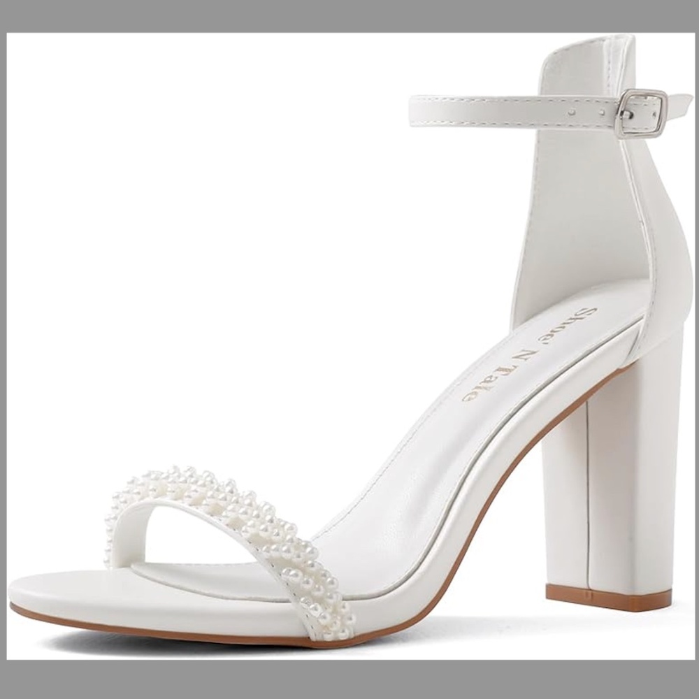 Women Chunky Block High Ankle Strap Heels White Pearls 7.5